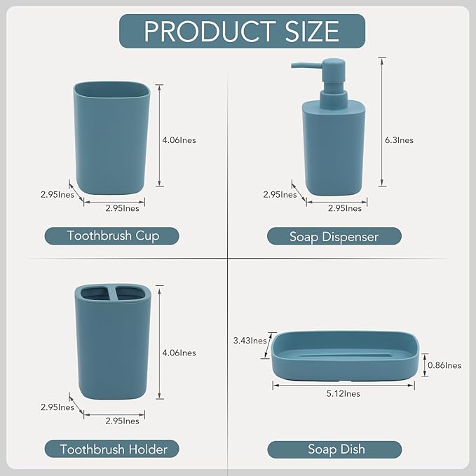 4 Piece Bathroom Accessories Set, Plastic Bathroom Accessory Set- Square Toothbrush Holder Set, Soap Dispenser, Toothbrush Holder, Mouthwash Cup, Soap Dish, Boho Modern Decor for Home, Blue