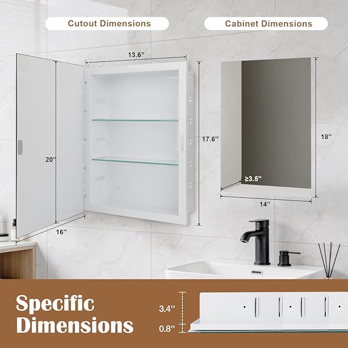 16x20'' Bathroom Medicine Cabinet Mirror with Storage, Surface Mount or Recessed Medicine Cabinet with 3-Tiered Adjustable Tempered Glass Shelves