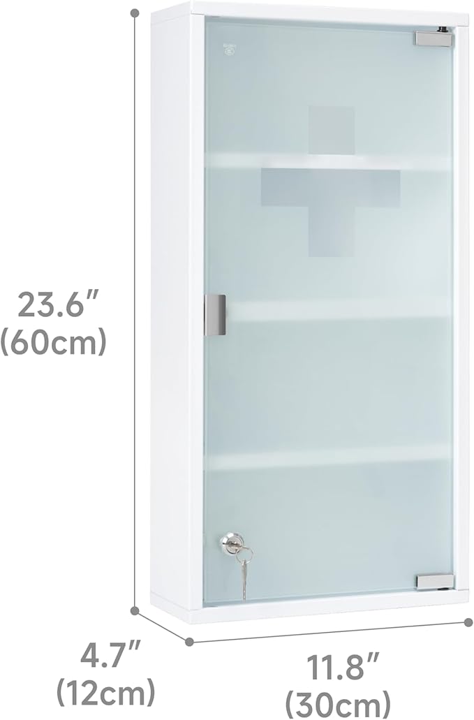 Locking Medicine Cabinet, 11.8" W x 23.6" H x 4.7" D - Wall Mount Metal Medicine Cabinet with Lock, White Medical Cabinet, Frosted Glass Door with Keys and First Aid Cross Sign, 4 Shelves