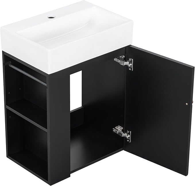 Virubi 20" Floating Bathroom Vanity with Sink, Soft Closing Door,and Storage Shelves, Solid Wood Frame & MDF Modern Single Small Bathroom Vanity Cabinet with Open Shelf,Wall Mounted Black