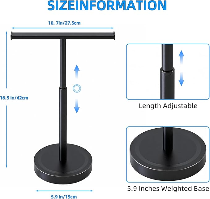 Hand Towel Stand, Stainless Steel Hand Towel Holder Rack for Bathroom Countertop, 16.5Inch Adjustable Retractable T-Shape Free Standing Hand Towel Rack for Bathroom Kitchen Countertop, Matte Black