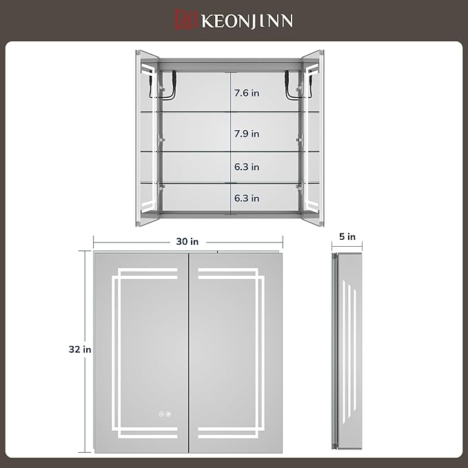 Keonjinn 30 x 32 Inch Lighted Medicine Cabinet with Lights, LED Medicine Cabinet Mirror for Bathroom, Tempered Glass, Adjustable Shelves, No Outlets, 3 Color Temperature, Anti-Fog, Surface Mount Only