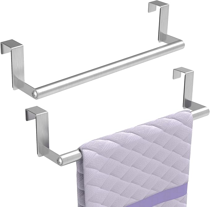 STWWO Over The Door Towel Rack, Kitchen Towel Holder Over Cabinet Door Towel Bar Stainless Steel for Cupboard for Kitchen Dish Towel Holder Hanger, 2 Pack (Brushed Nickel)