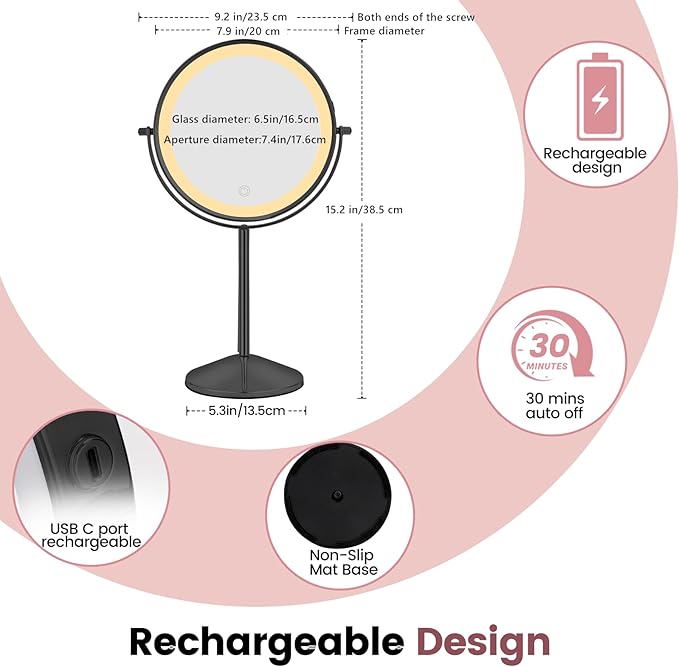 8" Vanity Mirror with Lights Rechargeable, 1X/10X Magnifying Makeup Mirror with Touch Screen, 54 LED Adjustable Brightness, 3 Color Modes, 360° Rotation for Tabletop & Bedroom