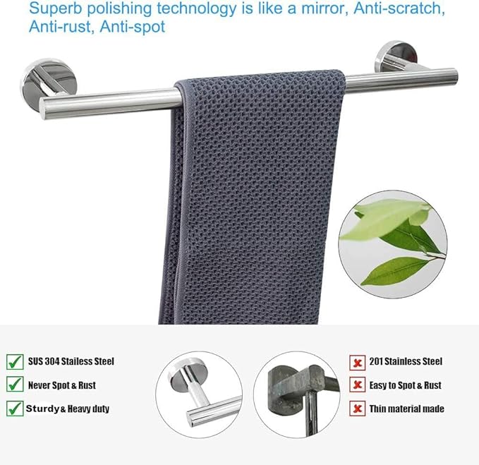 TocTen 5 PCS Bathroom Hardware Set SUS304 Stainless Steel-Towel Rack Set Include Lengthen Hand Towel Bar+Toilet Paper Holder+3 Robe Towel Hooks Bathroom Accessories Towel Bar Set(Polished Chrome,16IN)