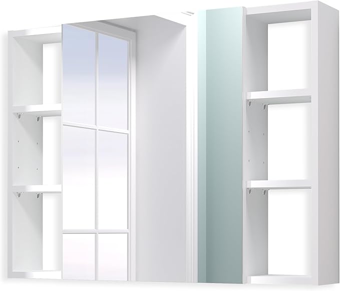 Bathroom Cabinet with Mirror, Wall Cabinet with 2 Mirrored Doors, Adjustable Shelf, Open Compartment, Wall-Mounted, 24x32 Inches, White (Assembly Required)