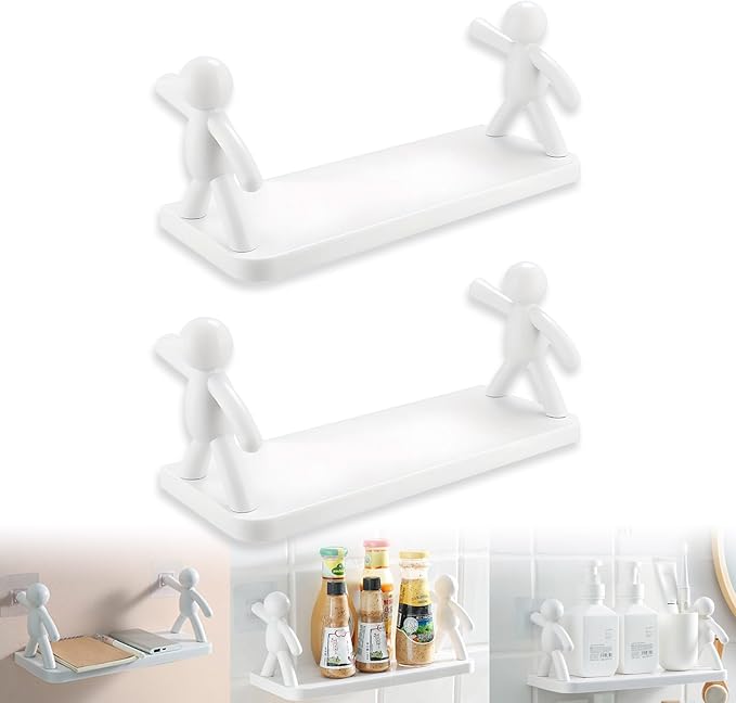 The Kitchen Toilet Receive Shelf，No-Drill Floating Wall Shelves - Space-Saving Multipurpose Storage for Bathroom, Kitchen, Office - Waterproof Adhesive Design with 5kg Load Capacity (White*2)