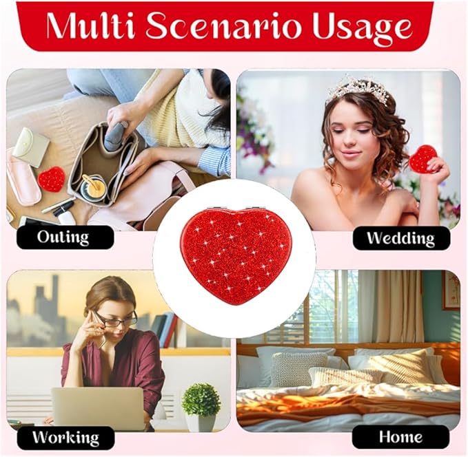 Red Heart Shaped Compact Mirror for Purse,1x/2x Magnification Cute Travel Mirror with Glitter,2.76 inch Double-Sided Mini Folding Mirror,Small Pocket Mirror for Gift,Travel Essentials