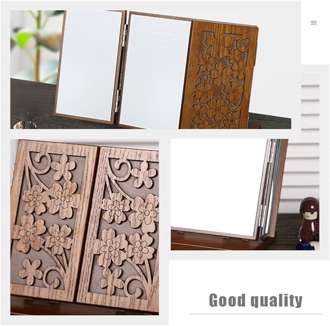 FOMIYES 1pc Wood Dressing Table Mirror Wooden Three Mirrors Indoor Desktop Make up Vanity Carved Standing Desk Makeup