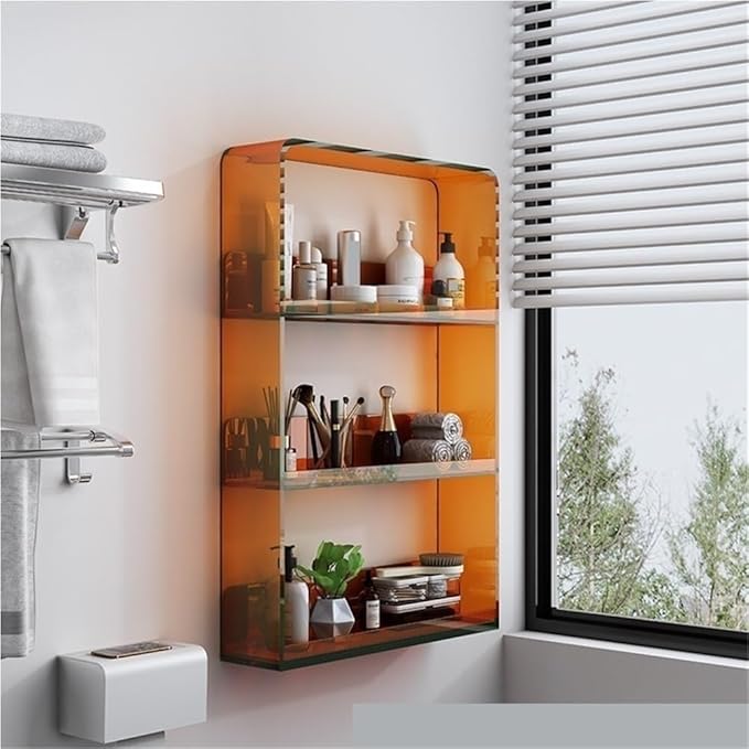 3-Tier Acrylic Bathroom Wall Shelf, Simple Wall Shelves for Toiletries, Perfume and Cosmetics, Clear Bathroom Organizer for Home, Toilet and Vanity(Orange)