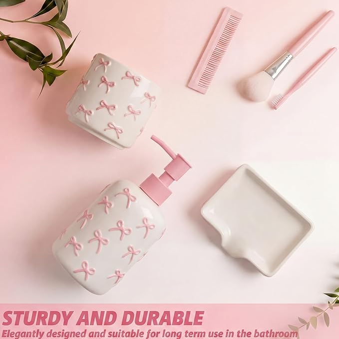 White Bow Ceramic Bathroom Accessories Set 3 Pcs for Countertop, Soap Dispenser, Toothbrush Holder, Soap Holder, Bathroom Sink Decor for Modern Home Decor