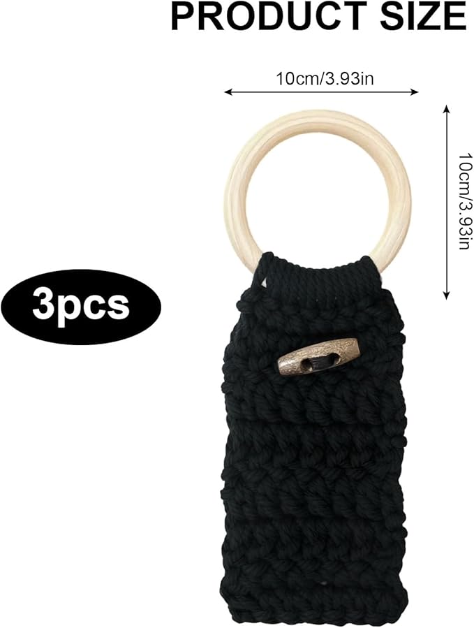 Aerbee Macrame Towel Holder Ring, 3PCS Kitchen Towel Hooks for Kitchen & Bathroom, Decorative Boho Style Kitchen Oven Towel Hanger Loop Ring, Unique Gift for Christmas, Black