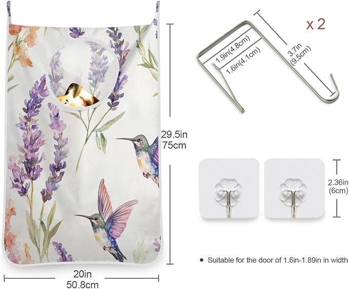 Hanging Laundry Hamper Over the Door with Stainless Steel Hooks Rack Dirty Clothes Wall Mounted Hamper Basket Bag 29.5X20inch Lavender Hummingbird
