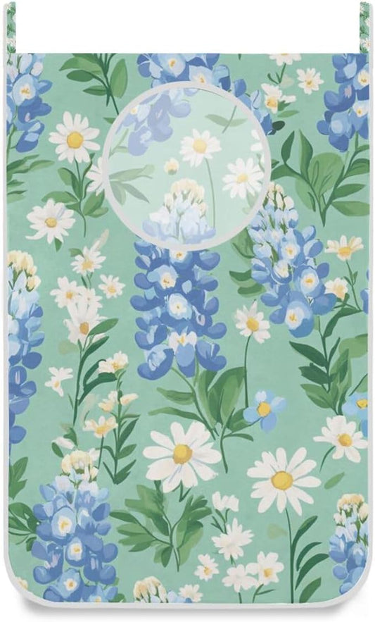 Mint Green Bluebonnet and Daisies Hanging Laundry Hamper Door Hampers Bag Basket with Stainless Steel Hooks Oxford Fabric Printing Decorative Clothes Bags 29.5X20inch 2Pack
