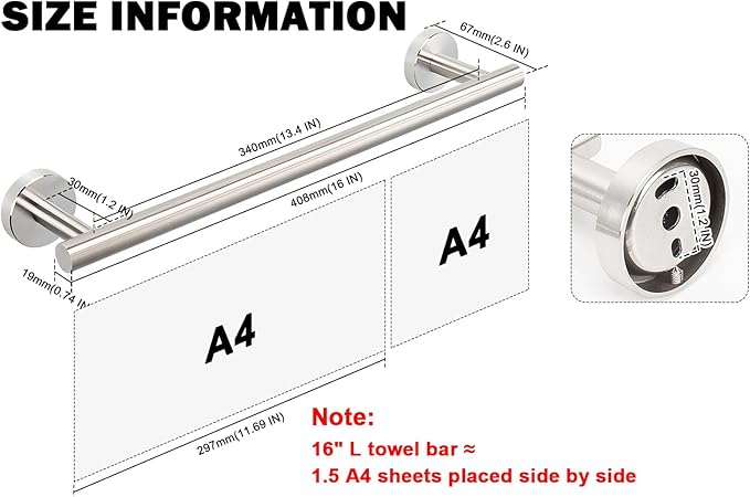 Livabber Bath Towel Bar, 304 Stainless Steel Towel Rack, Heavy Duty Towel Holder Wall Mounted for Bathroom/Kitchen, Usable Hanging Length-13.4 Inch, Total Length-16 Inch (Brushed Nickel)