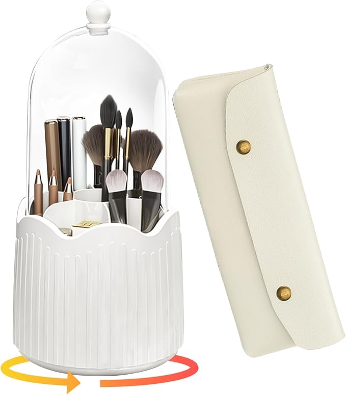 Makeup Brush Holder, 360° Rotating Makeup Organizers with Lid, Dustproof Waterproof Make Up Brush Holder Bag for Vanity Desktop Bathroom Countertop (White)