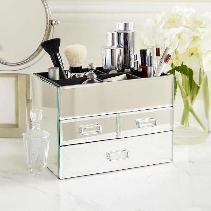 OnDisplay Miro 3 Drawer Mirrored Glass Makeup Organizer – Tiered Cosmetic Storage Box with Velvet Lined Compartments, Crystal Handles & 3 Pull Out Drawers for Vanity, Jewelry & Brushes (Silver)
