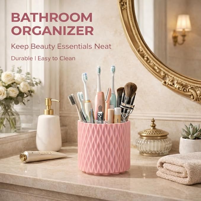 Makeup Brush Holder Organizer, 360?? Rotating 5-Slot Make up Brushes Cup for Cosmetic, Lipstick, Hair Brush Holder - Spinning Vanity Countertop Caddy for Bathroom, Dorm & Office, Pink