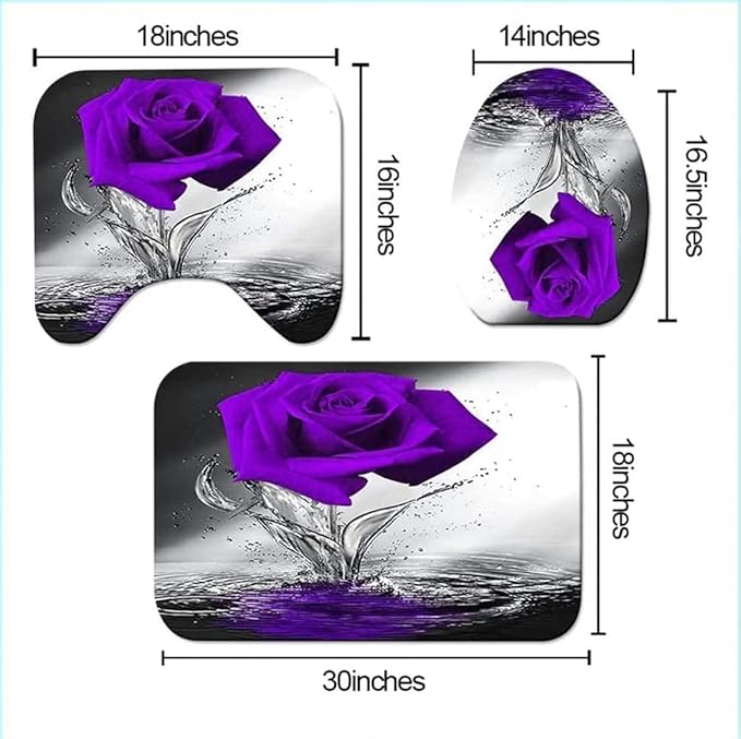 Purple Rose Bathroom Set with Shower Curtain and Non-Slip Rugs, Bath Mat, Toilet Lid Cover and 12 Strong Hooks, Modern Style