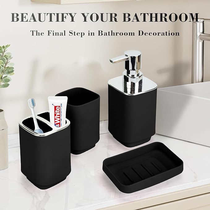 4Pack Bathroom Accessories Set, Bohemian Bathroom Sink Set, Contain Soap Dispenser, Toothbrush Holder, Soap Dish & Mouthwash Cup,Square soap and Toothbrush Holder Set