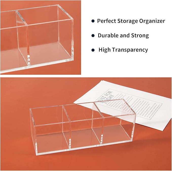Acrylic Makeup Organizer 3 Section Clear 7.1x2.36x2.36 Inches Pen Holder 3 Compartments Pencil Organizer Cup Plastic Storage Organizer Plastic Square Cube for Makeup Jewelry Accessories