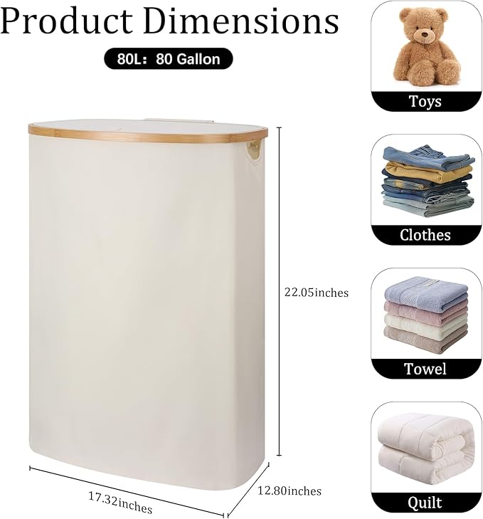 Slim Laundry Basket with Lid, 80L Narrow Laundry Hamper with Removable Bag, Clothes Hampers for Laundry with Bamboo Handles for Bathroom, Bedroom, Dorm & Laundry Room