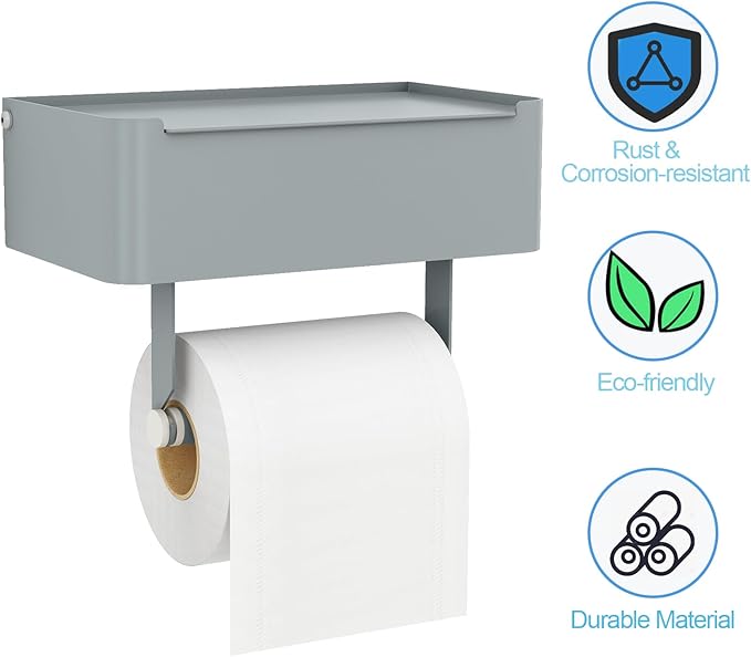 JUYSON Toilet Paper Holder with Shelf, Flushable Wipes Dispenser Fits for Bathroom Wipe Storage, Keep Your Wipes Hidden Out of Sight - SUS304 Stainless Steel Wall Mount Organizer (Grey)
