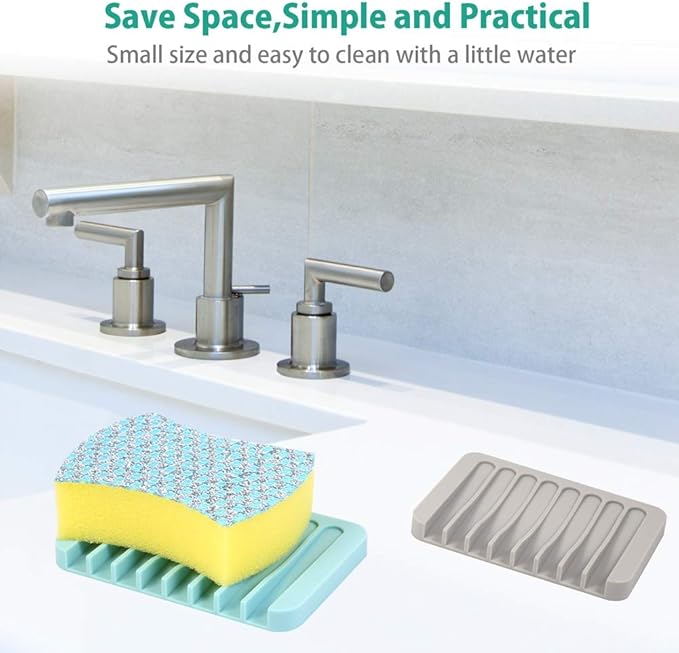 3PCS Self Draining Soap Holder, Premium Silicone Soap Dish, Soap Saver for Shower, Bathroom, Kitchen, Bath Tub, Sponges, Keep Soaps Bars Dry Clean, Easy Clean, Extend Soaps Life (Blue)