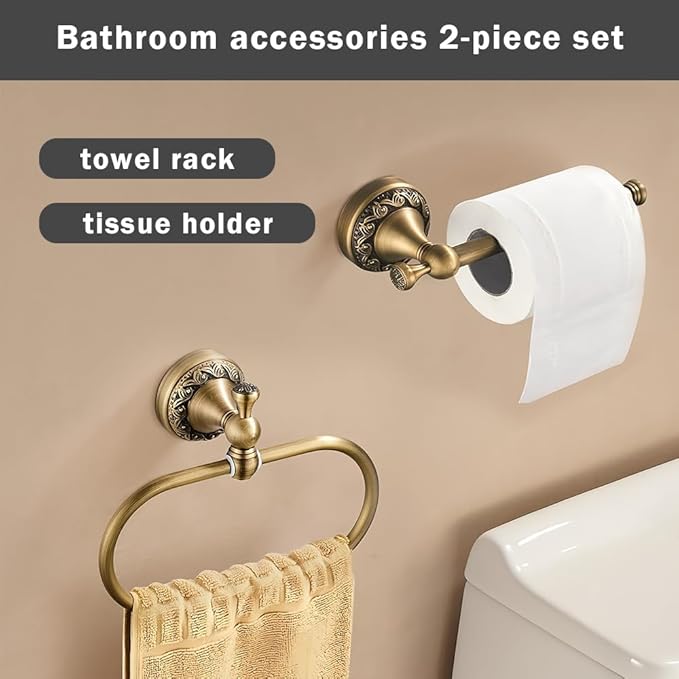 2-Piece Set Antique Brass Toilet Paper Holder, Brass Towel Ring Oval, Hand Towel Holder Bathroom Accessories Wall Mounted Vintage
