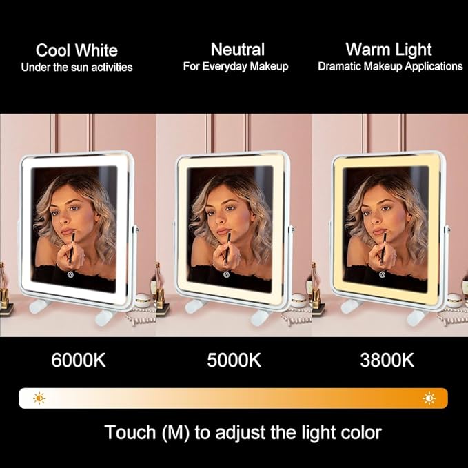 YEKKOPT Makeup Vanity Mirror with Lights,13" Large Hollywood LED Lighted Make up Mirror for Bedroom Tabletop,Three Color Lighting Modes,Smart Touch Control, 360°Rotation