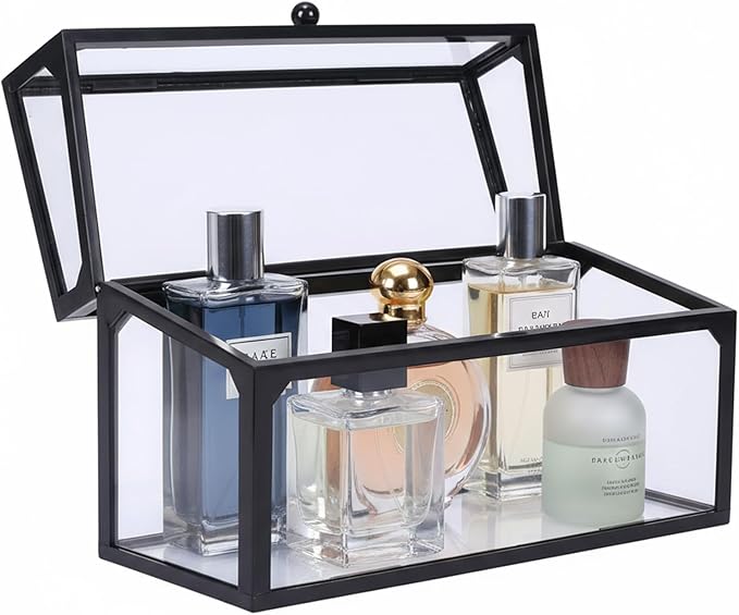 Cologne Organizer for Men, Glass Perfume Stand, Makeup Organizer Countertop, Large Capacity Dustproof Cologne Holder for Watch, Jewelry, Perfume Display Risers, A Gift for Men, Clear