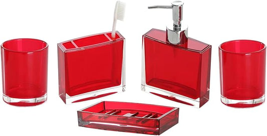 Bathroom Accessories Set, Acrylic Bathroom Accessory Set with Soap Dispenser,Soap Dish, Toothbrush Holder, Tumbler, Modern Bathroom Accessories Decor,Gift for Home (Red-5)