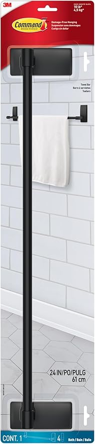 Command Bath Matte Black Towel Bar with Water Resistant Command Strips, Bathroom Organizer, 24 in Bar Length Holds up to 10 lbs