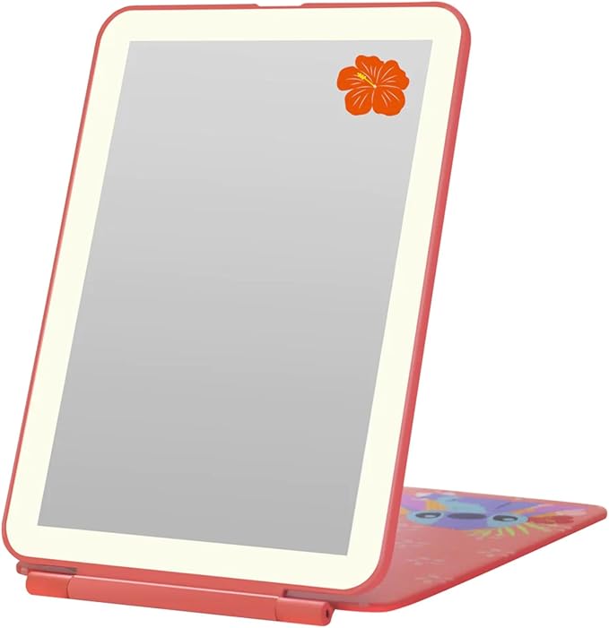 Impressions Vanity Disney Stitch TouchPad Mini LED Makeup Mirror for Purse, Ultra Slim Travel Mirror with Tri Tone Lights, Flip Cover, Adjustable Brightness, and Touch Screen Switch (Coral)