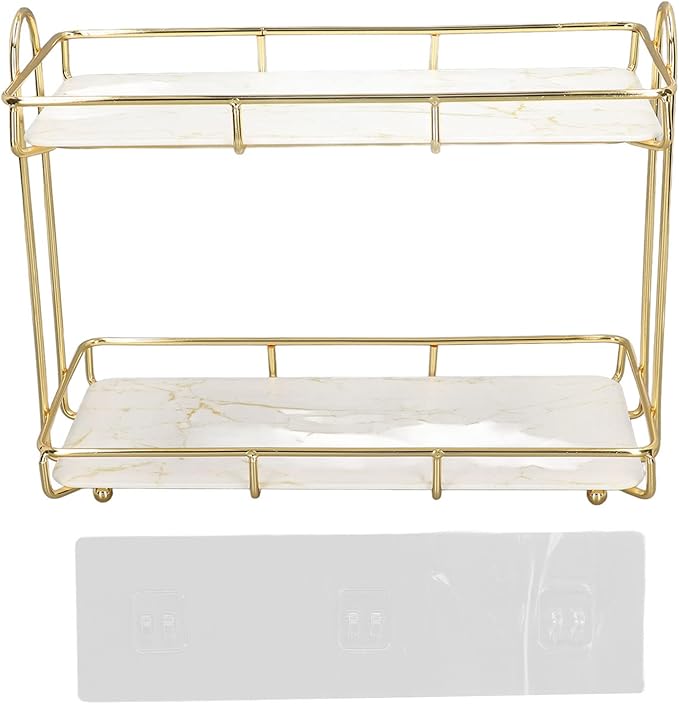 2 Tier Bathroom Shelf Countertop Standing Shelf with Partition Cosmetic Storage Rack Holder Gold (Small 31x23cm)