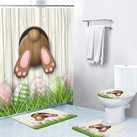 LOKMU 4 Pcs Shower Curtain Sets with Non-Slip Rugs, Toilet Lid Cover and Bath Mat,Easter Bunny on White Wooden Waterproof Shower Curtain with 12 Hooks, Bathroom Decor Sets, 72" x 72"