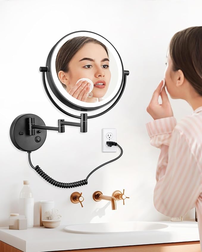 ALHAKIN 9" Wall Mounted Lighted Makeup Mirror, Large Double Sided 1X/10X Magnifying Mirror with 3 Color Lights Dimmable, 360° Rotation, Black