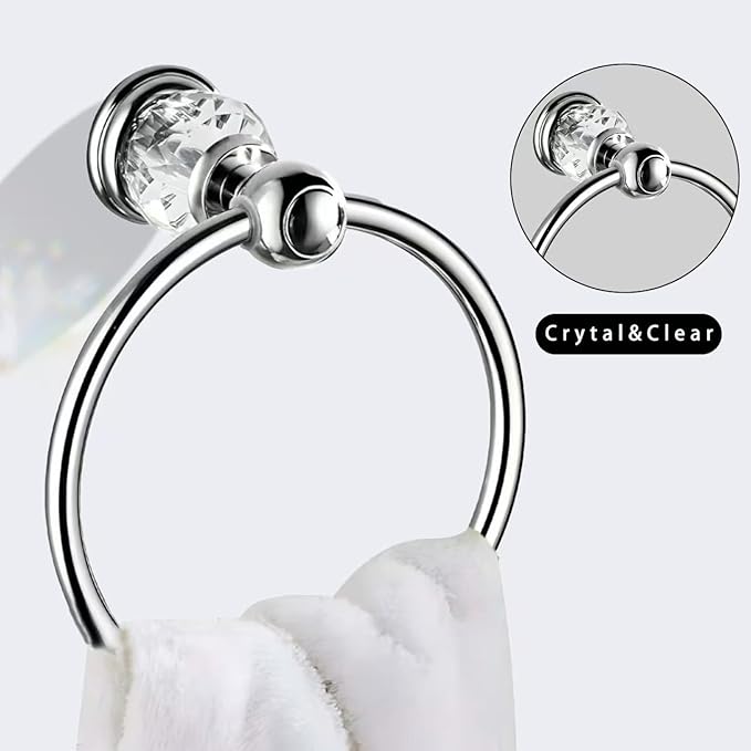 Crystal Chrome Towel Ring, Silver Bathroom Towel Holder Ring, Bathroom Towel Rack Hanger Home Hand Towel Ring Towel Holder for Bathroom Wall Mounted Bathroom Accessory