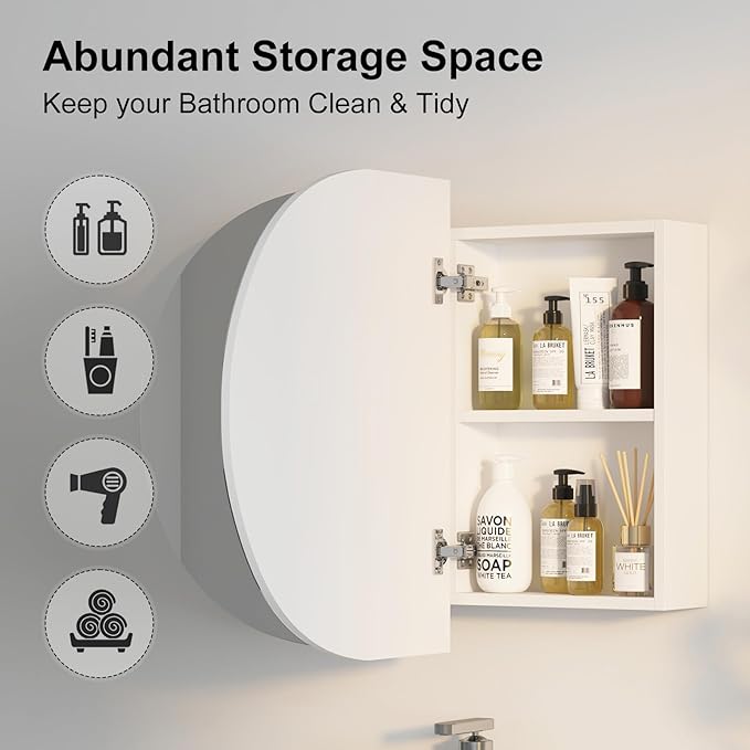 Oval Medicine Cabinet Mirror for Bathroom,White Medicine Cabinet with Mirror, Oval Mirror Cabinet Wall Mounted with 3 Storage,2 Doors,38x24Inch
