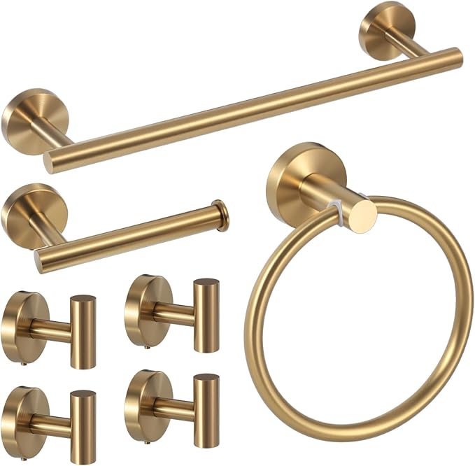 7Pcs Brushed Gold Bathroom Hardware Set - SUS Towel Racks for Bathroom Wall Mounted, Modern Accessories Includes 15.7 Inch Towel Bar & Ring, Toilet Paper Holders, Robe Hook - Need Drilling