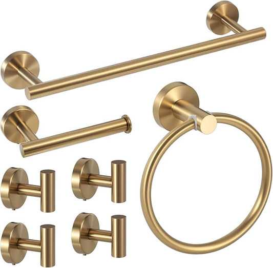 7Pcs Brushed Gold Bathroom Hardware Set - SUS Towel Racks for Bathroom Wall Mounted, Modern Accessories Includes 15.7 Inch Towel Bar & Ring, Toilet Paper Holders, Robe Hook - Need Drilling