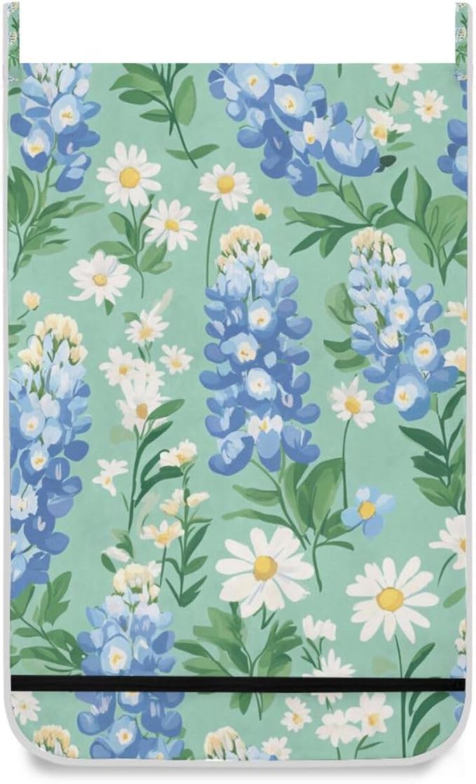 Mint Green Bluebonnet and Daisies Hanging Laundry Hamper Door Hampers Bag Basket with Stainless Steel Hooks Oxford Fabric Printing Decorative Clothes Bags 29.5X20inch 2Pack