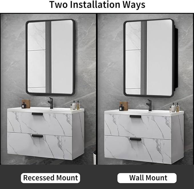 Movo Black Metal Framed Bathroom Mirror Medicine Cabinet, 20 Inch x 31 Inch, Tilting Beveled Vanity Mirror, Recess or Surface Mount Installation