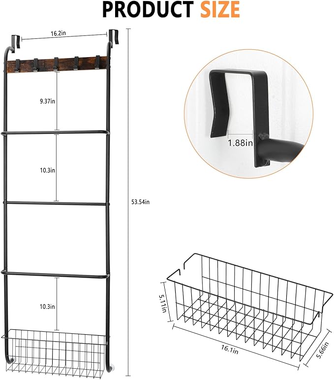 Over The Door Towel Racks for Bathroom,5-Tier Door Towel Holder with Hooks and Basket,Over The Door Towel Bar Hanger Organizer for Bathroom Bedroom Accessories, Blanket Ladder for Living Room Black