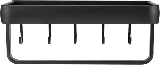 30cm Bathroom Shelf, Wall Mounted Storage Rack, Aluminum Material, with Heightened Fence Design, Ideal for Home Bathrooms (Single Layer with Rod with 5 Hooks)