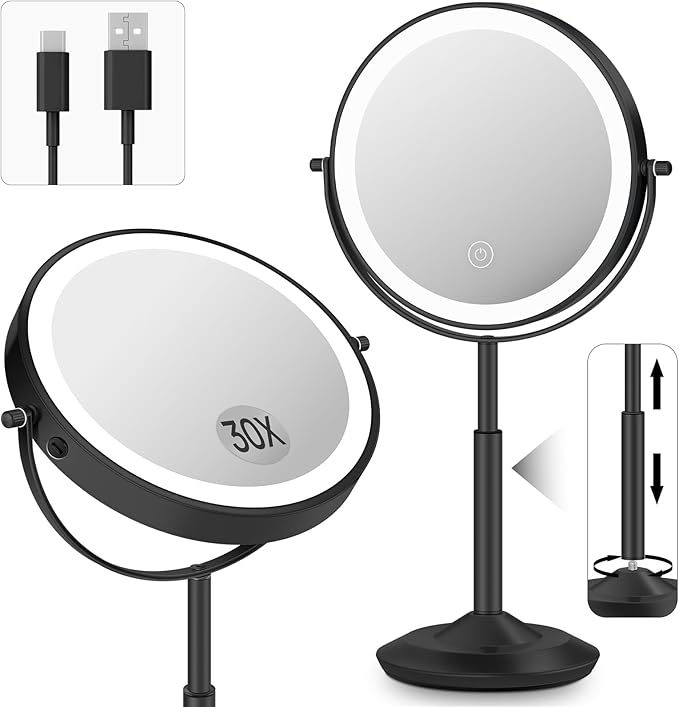 vpu Makeup Mirror with Lights, 1X/30X Lighted Magnifying Mirror Height Adjustable, 3000mAh Rechargeable Double Sided Vanity Mirrors with 3 LED Lighting and Adjustable Brightness for Desk Women Gift