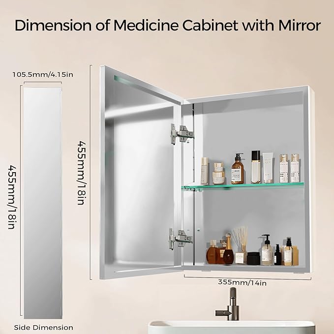 14 x 18 Inch Bathroom Medicine Cabinet with Mirror, Medicine Cabinet Mirror, Bathroom Mirror with Storage with One Adjustable Shelf, Assembly Required, Support Recessed or Surface Mount