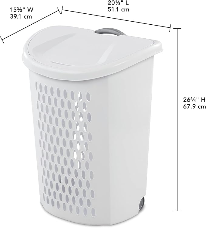 Ultra Wheeled Design Clothes Laundry Basket, Mind Reader Basket Collection，135 Liter （20 1/8" x 15 3/8" x 26 3/4"）Capacity, Laundry Hamper White Lid & Base w/Plastic Handle & Wheels,1-Pack