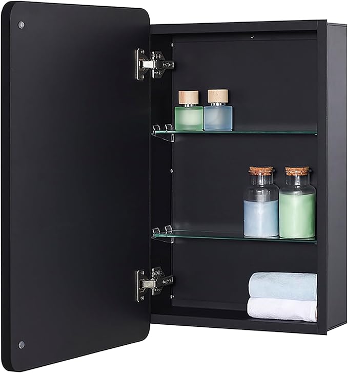 IDYLLOR Black Bathroom Mirror Medicine Cabinet with Round Corner Framed Door and Beveled Edge Mirror 15 x 25 inch, Recessed or Surface Mount, with Adjustable Glass Shelves