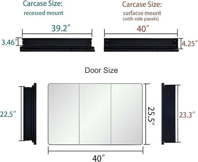 IDYLLOR Black Bathroom Medicine Cabinet with Round Corner Framed Door, 40 x 25.5 inch, Recessed or Surface Mount, with Adjustable Glass Shelves
